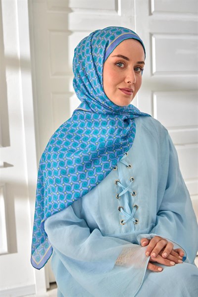 %100 Vual İpek Şal Lila Turkuaz Butter Yellow Desenli 70x190