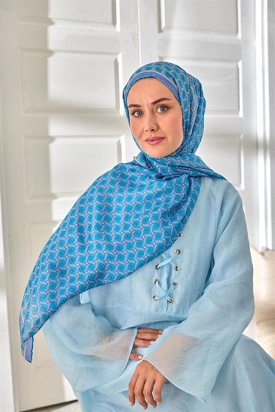 %100 Vual İpek Şal Lila Turkuaz Butter Yellow Desenli 70x190