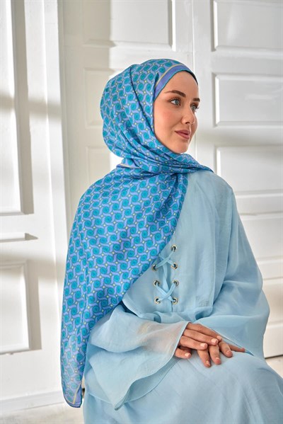 %100 Vual İpek Şal Lila Turkuaz Butter Yellow Desenli 70x190