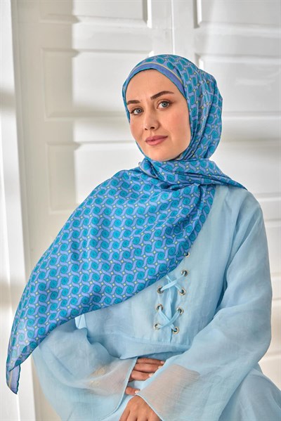 %100 Vual İpek Şal Lila Turkuaz Butter Yellow Desenli 70x190