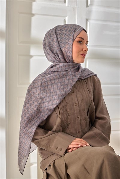 %100 Vual İpek Şal Pudra Pastel Mor Desenli 70x190