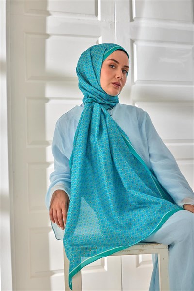 %100 Vual İpek Şal Turkuaz Yeşil Beyaz Desenli 70x190