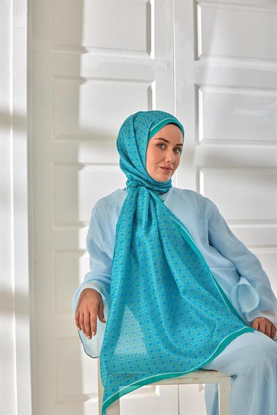 %100 Vual İpek Şal Turkuaz Yeşil Beyaz Desenli 70x190