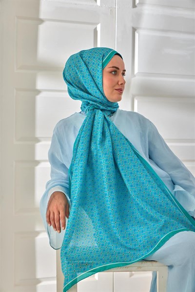 %100 Vual İpek Şal Turkuaz Yeşil Beyaz Desenli 70x190