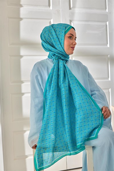 %100 Vual İpek Şal Turkuaz Yeşil Beyaz Desenli 70x190