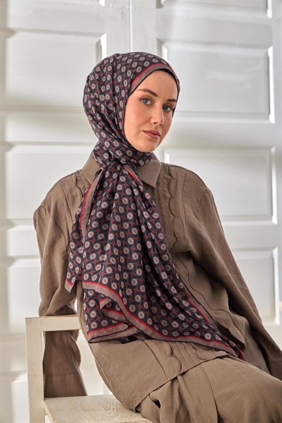 %100 Vual İpek Şal Vizon Siyah Kırmızı Desenli 70x190