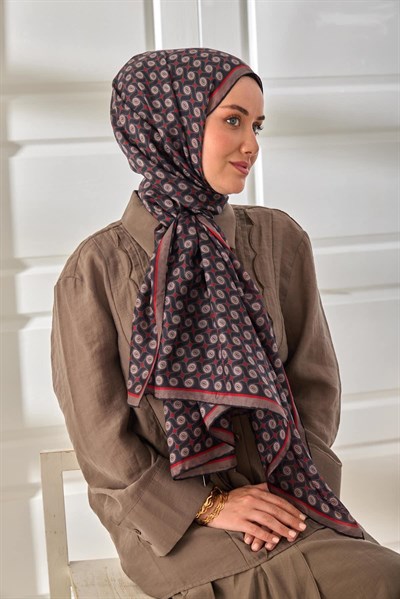 %100 Vual İpek Şal Vizon Siyah Kırmızı Desenli 70x190
