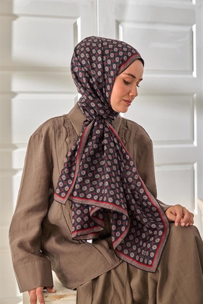 %100 Vual İpek Şal Vizon Siyah Kırmızı Desenli 70x190