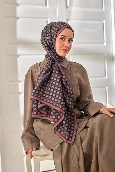 %100 Vual İpek Şal Vizon Siyah Kırmızı Desenli 70x190