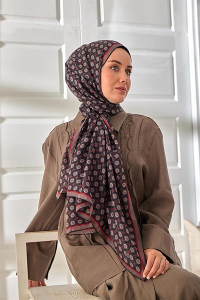 %100 Vual İpek Şal Vizon Siyah Kırmızı Desenli 70x190