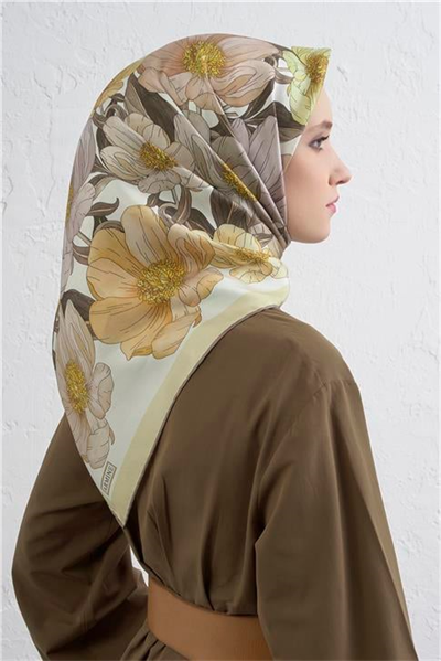 Armine Çiçek Desenli Saf İpek Twill Eşarp 9403D 38
