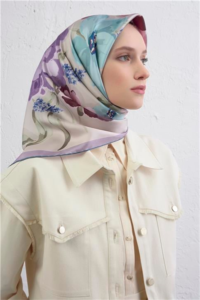 Armine Çiçek Desenli Saf İpek Twill Eşarp 9414D 6
