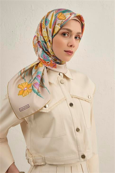 Armine Çiçek Desenli Saf İpek Twill Eşarp 9332D 07