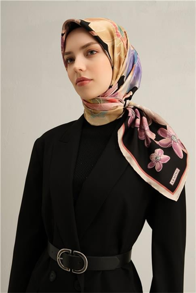 Armine Çiçek Desenli Saf İpek Twill Eşarp 9318D 04