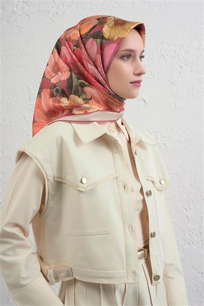 Armine Çiçek Desenli Saf İpek Twill Eşarp 9403D 01