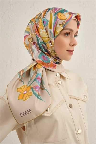 Armine Çiçek Desenli Saf İpek Twill Eşarp 9332D 07