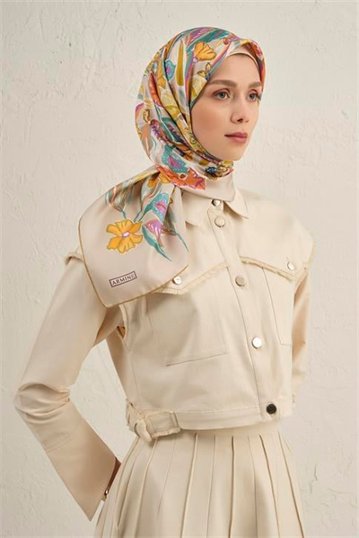 Armine Çiçek Desenli Saf İpek Twill Eşarp 9332D 07