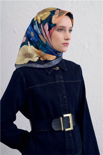 Armine Çiçek Desenli Saf İpek Twill Eşarp 9403D 54