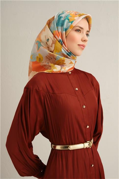 Armine Çiçek Desenli Saf İpek Twill Eşarp 9334D 80