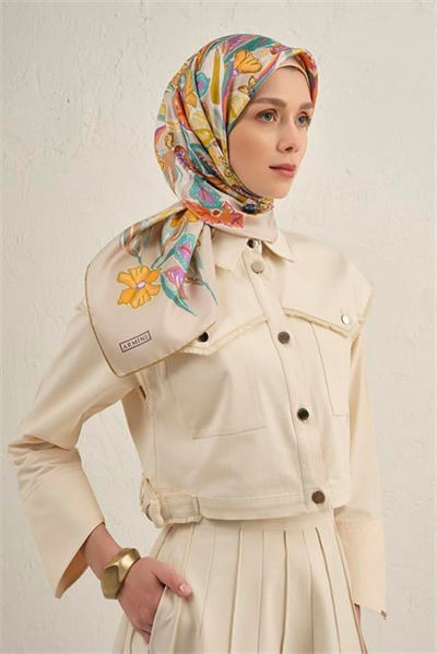 Armine Çiçek Desenli Saf İpek Twill Eşarp 9332D 07
