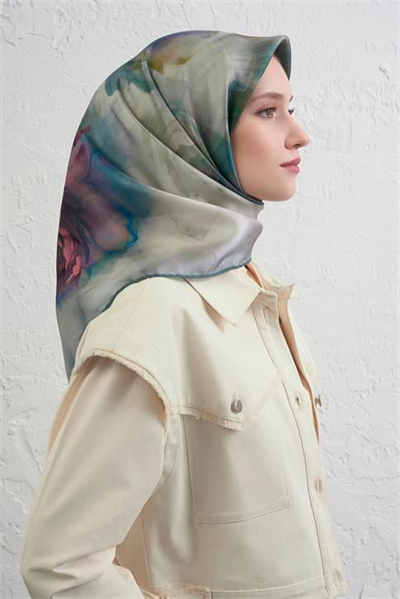 Armine Çiçek Desenli Saf İpek Twill Eşarp 9426D 09