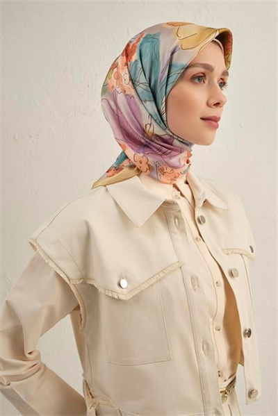 Armine Çiçek Desenli Saf İpek Twill Eşarp 9318D 06