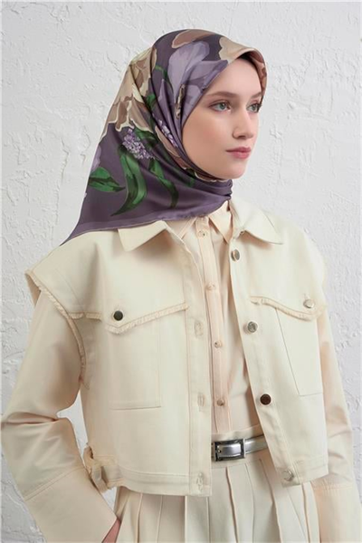 Armine Çiçek Desenli Saf İpek Twill Eşarp 9414D 84