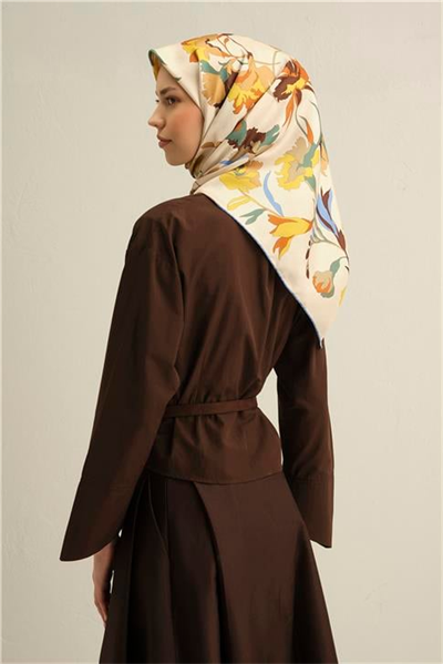 Armine Çiçek Desenli Saf İpek Twill Eşarp 9342D 03