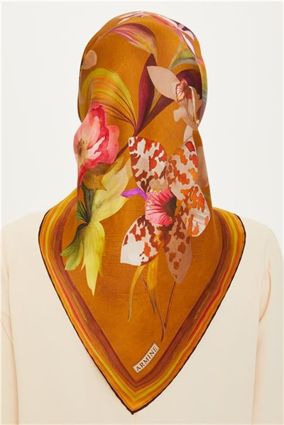 Armine Çiçek Desenli Twill Saf İpek Eşarp 9215D 34 50