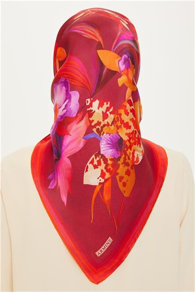 Armine Çiçek Desenli Twill Saf İpek Eşarp 9215D 34 01