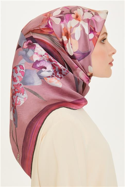 Armine Çiçek Desenli Twill Saf İpek Eşarp 9215D 34 82