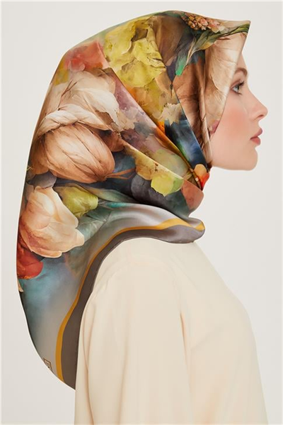 Armine Çiçek Desenli Twill Saf İpek Eşarp 9211D 33