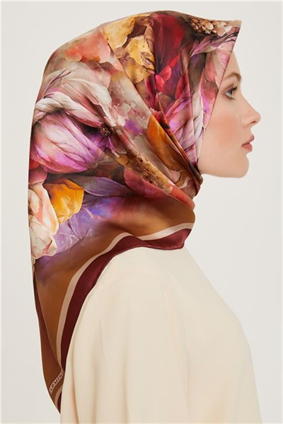 Armine Çiçek Desenli Twill Saf İpek Eşarp 9211D 05