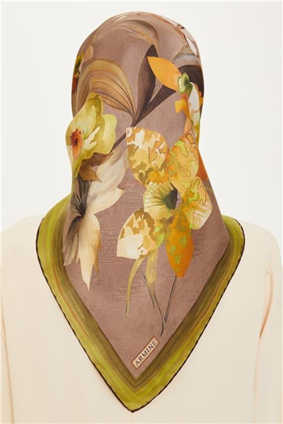 Armine Çiçek Desenli Twill Saf İpek Eşarp 9215D 34 34