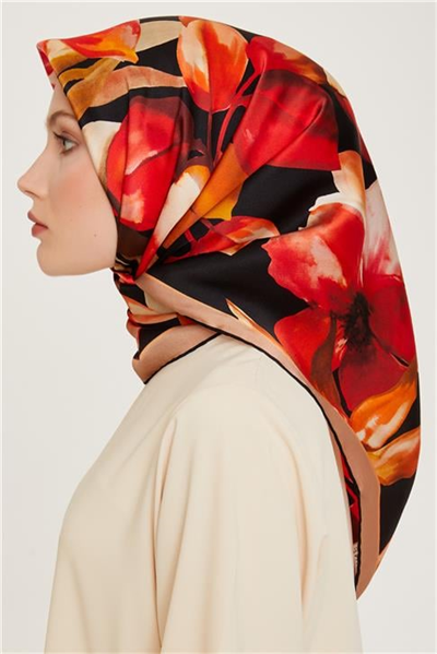 Armine Çiçek Desenli Twill Saf İpek Eşarp 9205D 06