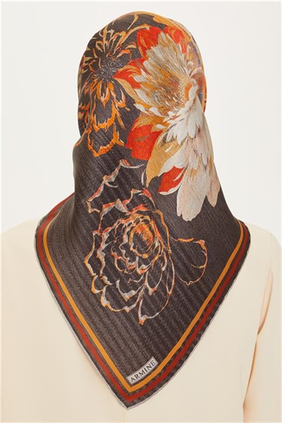 Armine Çiçek Desenli Twill Saf İpek Eşarp 9220D 82