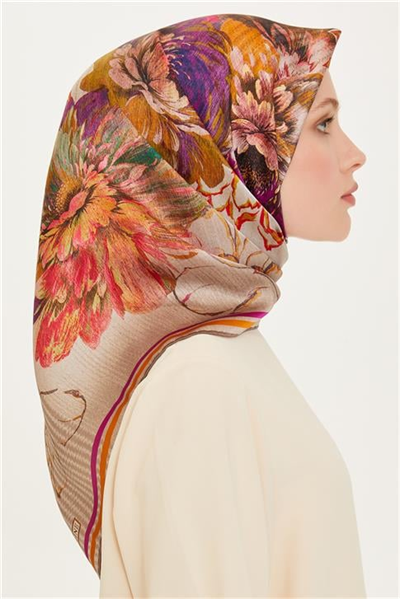 Armine Çiçek Desenli Twill Saf İpek Eşarp 9220D 05