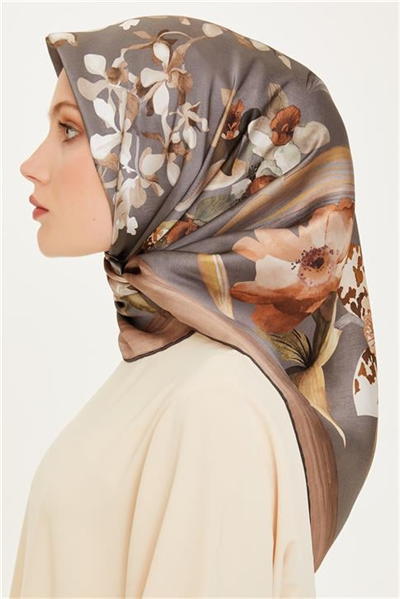Armine Çiçek Desenli Twill Saf İpek Eşarp 9215D 34 04