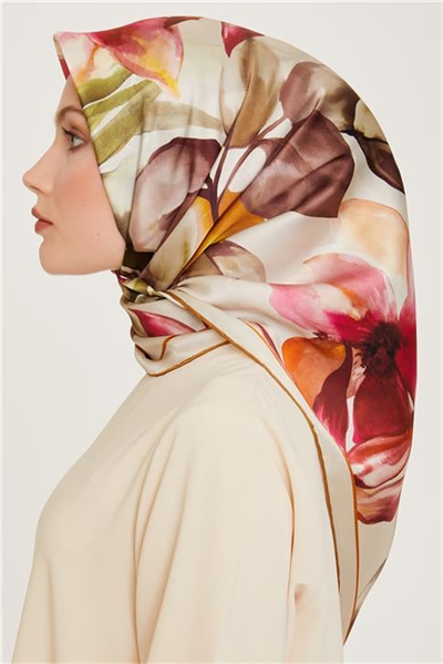Armine Çiçek Desenli Twill Saf İpek Eşarp 9205D 03