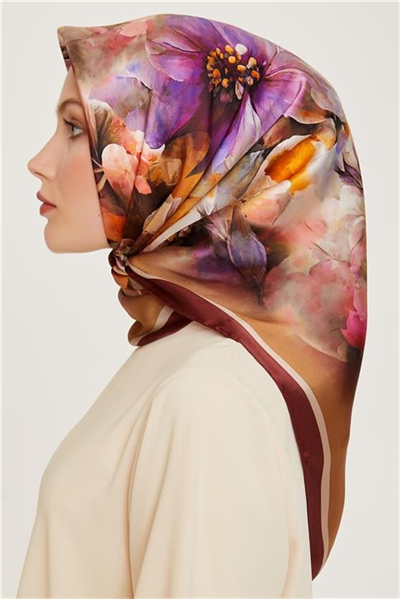 Armine Çiçek Desenli Twill Saf İpek Eşarp 9211D 05
