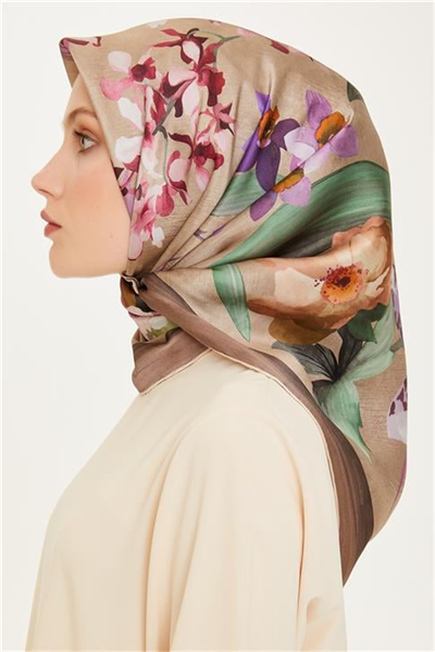 Armine Çiçek Desenli Twill Saf İpek Eşarp 9215D 34 35