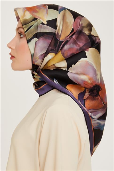 Armine Çiçek Desenli Twill Saf İpek Eşarp 9205D 02