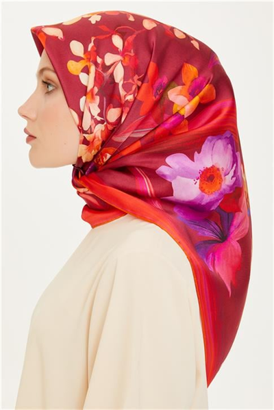 Armine Çiçek Desenli Twill Saf İpek Eşarp 9215D 34 01