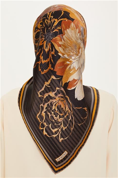 Armine Çiçek Desenli Twill Saf İpek Eşarp 9220D 02