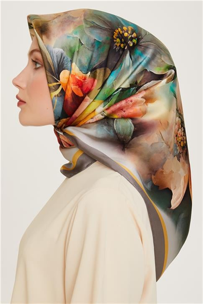 Armine Çiçek Desenli Twill Saf İpek Eşarp 9211D 33