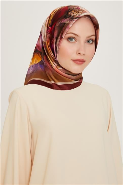 Armine Çiçek Desenli Twill Saf İpek Eşarp 9211D 05