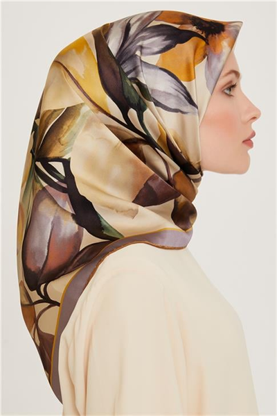 Armine Çiçek Desenli Twill Saf İpek Eşarp 9205D 04