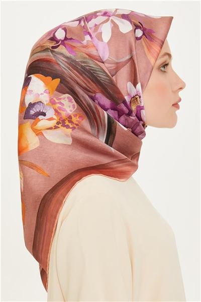 Armine Çiçek Desenli Twill Saf İpek Eşarp 9215D 34 33