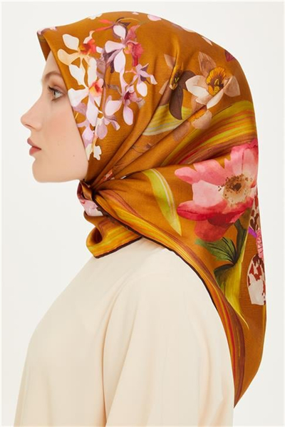 Armine Çiçek Desenli Twill Saf İpek Eşarp 9215D 34 50