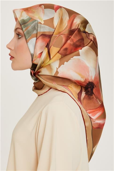 Armine Çiçek Desenli Twill Saf İpek Eşarp 9205D 80